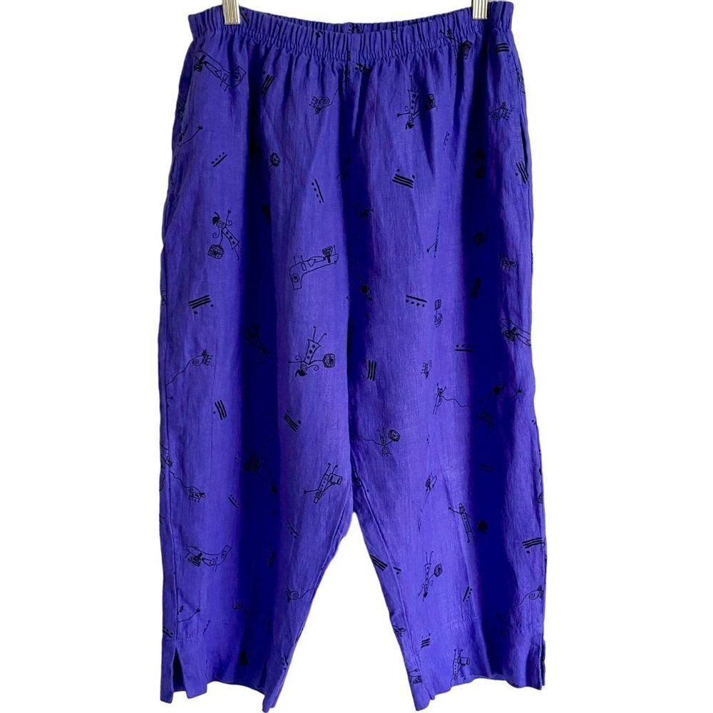 Whimsical Stick Figures Elastic Waist Capris Pants Purple with Pockets Size XL